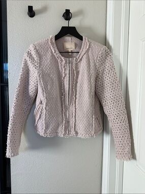 Rebecca Taylor Light Pink Tweed Jacket with Dot-Punched Sleeves & Fringe Size 6
